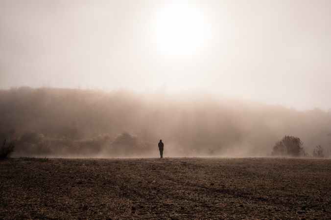 silhouette of person walking on brown field